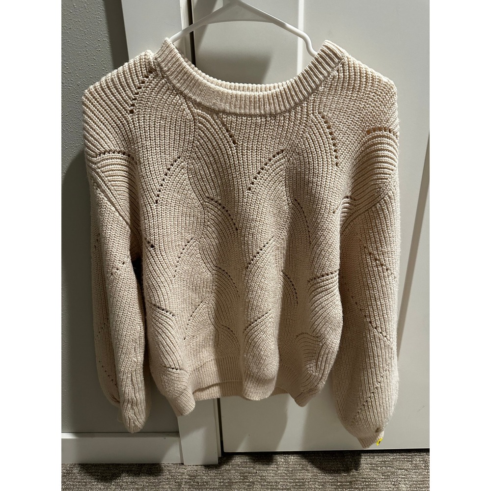 Gentle Fawn Cream Scalloped Cable Knit Pointelle Crewneck Sweater Medium